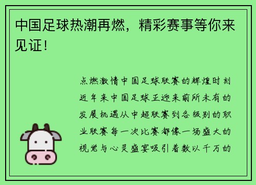 中国足球热潮再燃,精彩赛事等你来见证!